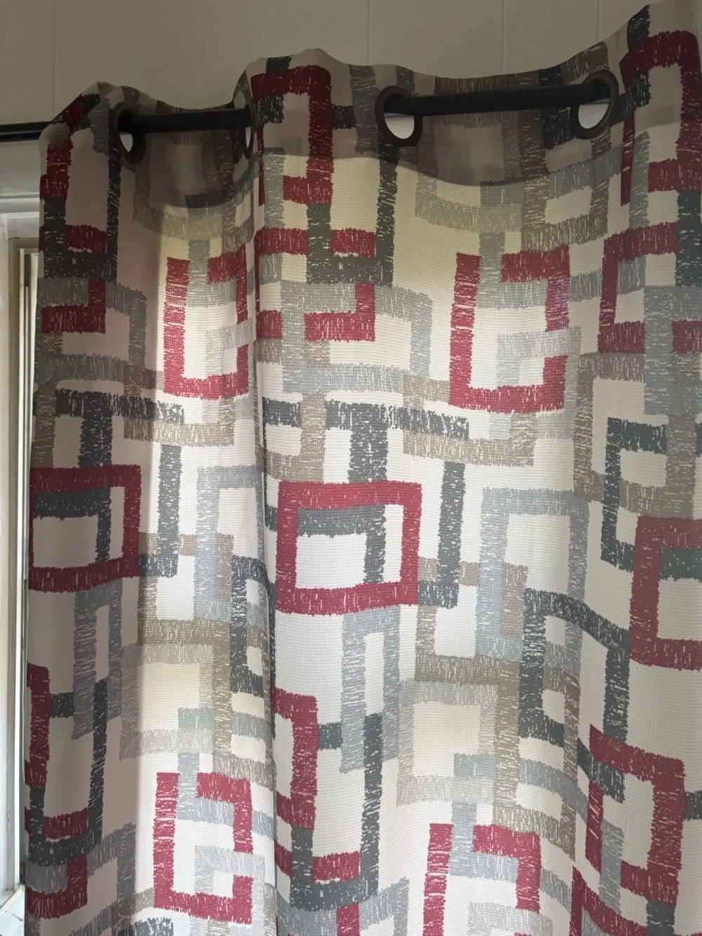 Geometric Pattern Window Curtains in Red, Gray, and Cream